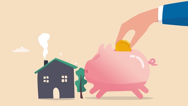 An illustration of a house and a piggy bank with a coin being put into it